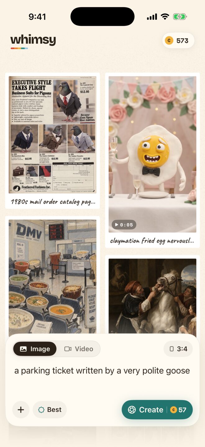 Typing a prompt into Whimsy, with the Create button showing the price.