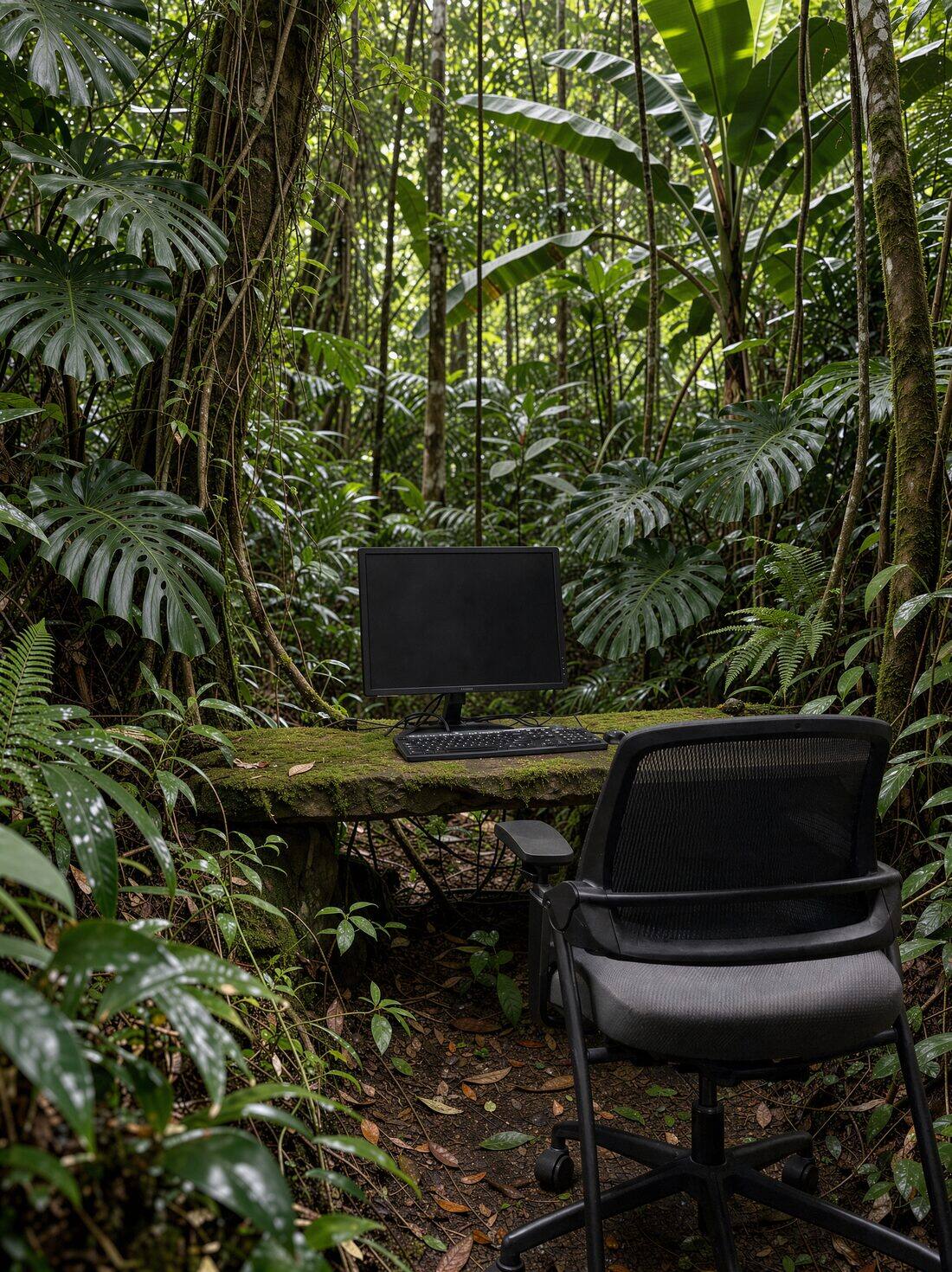 The same desk, computer and chair, now in a jungle.