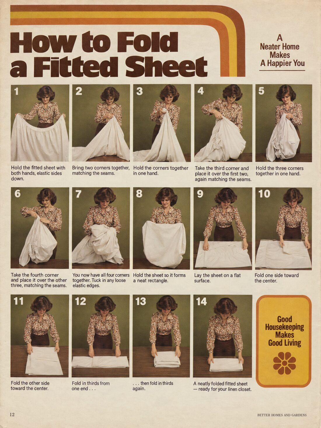 A 1970s instruction manual page on folding a fitted sheet.