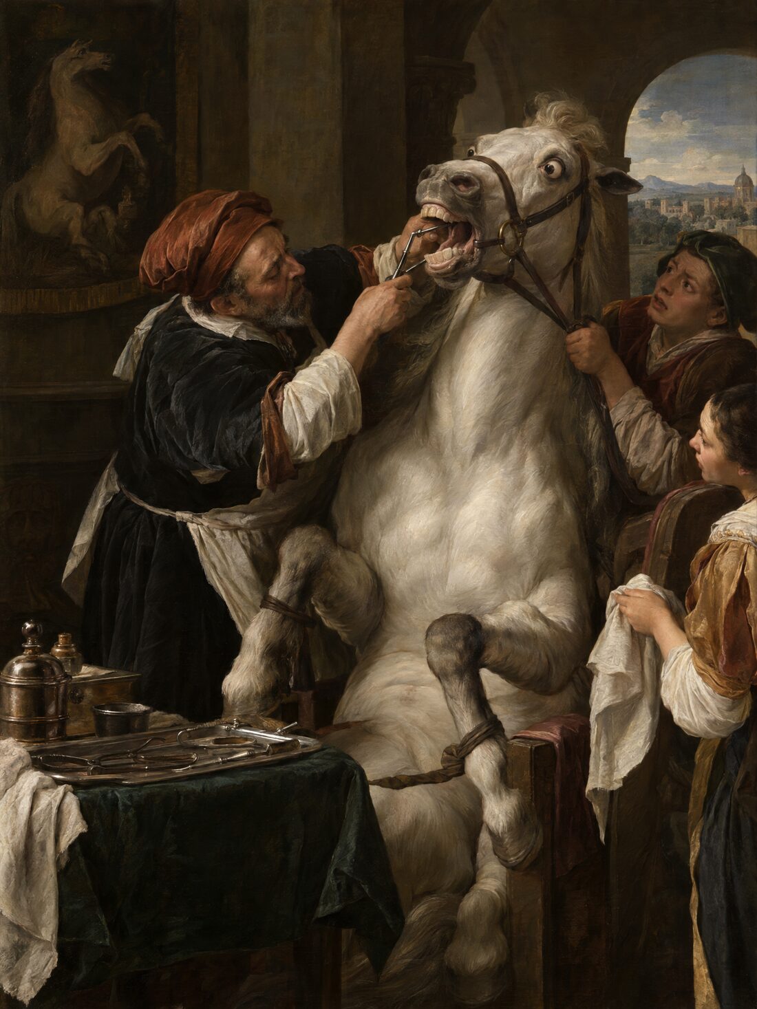 A Renaissance painting of a dentist examining a rearing horse.