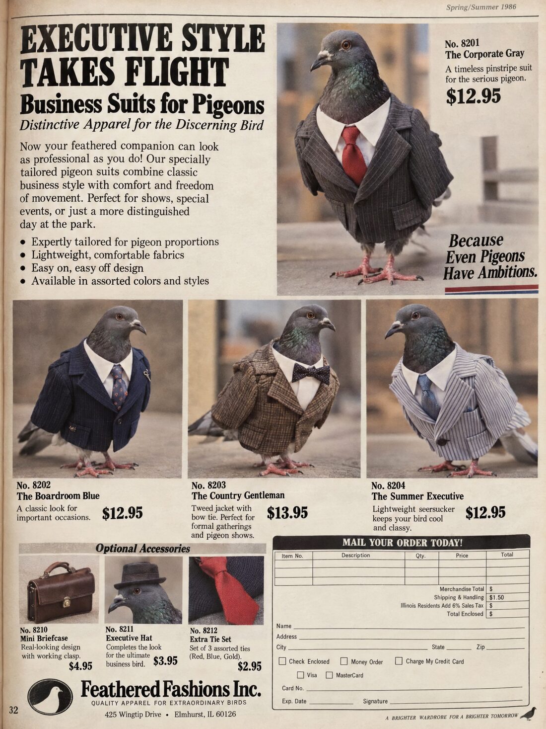 A 1980s catalog page selling business suits for pigeons.