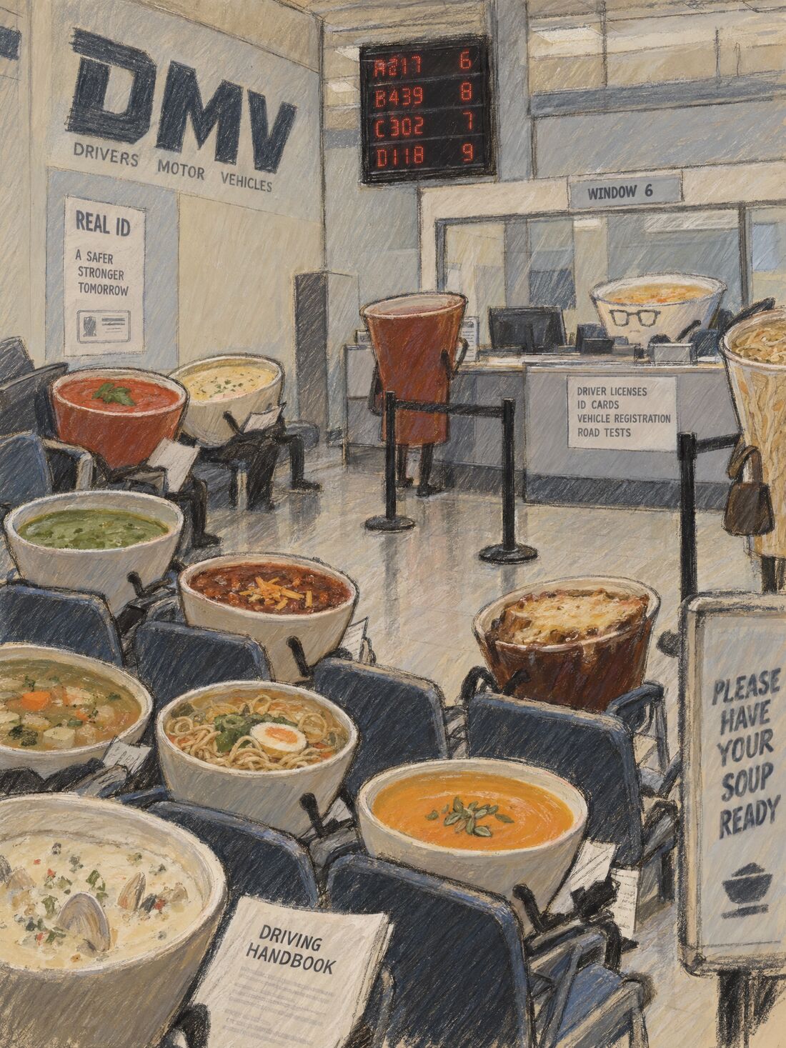 A courtroom-style sketch of a DMV waiting room full of bowls of soup.